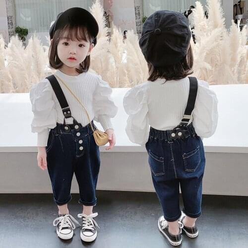 Girls' Spring Autumn Jeans +T-shirts 2pcs Clothes Set Children Denim Overalls Puff Sleeves Blouses Outfits