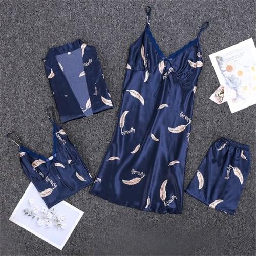 Silk Robe Long Sleeve Pajamas 4Pcs Sets Home Clothes for Women High Quality Printing Sleepwear Nightwear Floral Print Sexy