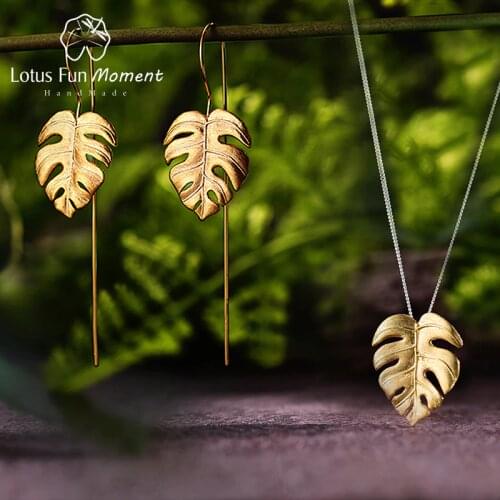 Lotus Fun Moment Real 925 Sterling Silver Handmade Fashion Jewelry Creative Monstera Leaves Design Jewelry Set for Women Bijoux