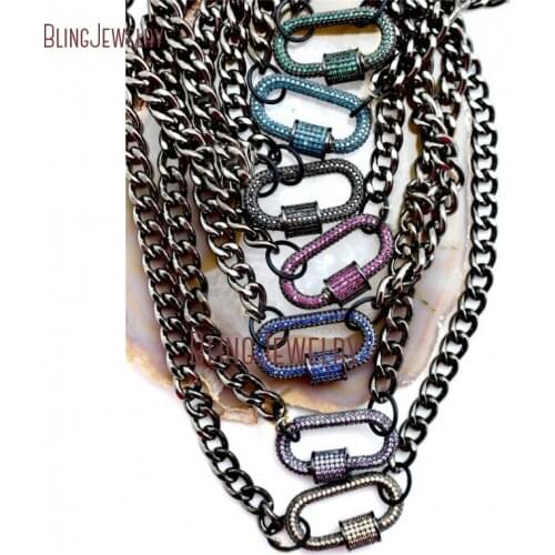 Micro Pave Screw Clasp Carabiner Lock Necklace Gunmetal Chain Necklace NM26353