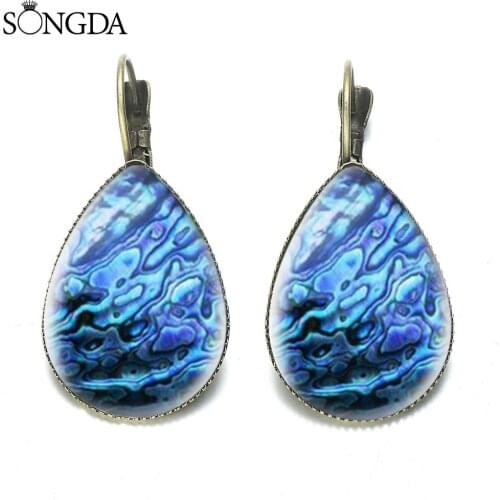Fashion Abalone Shell Pattern Earrings Bohemian Art Photo Glass Geometry Water Drop Earrings for Women Sea Jewelry Accessories