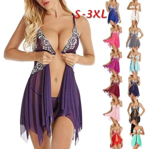 Fashion Women Sexy Costumes Erotic Lace Lingerie Front Closure Babydoll V Neck Mesh Sleepwear Bathrobe Plus Size Solid Nightwear