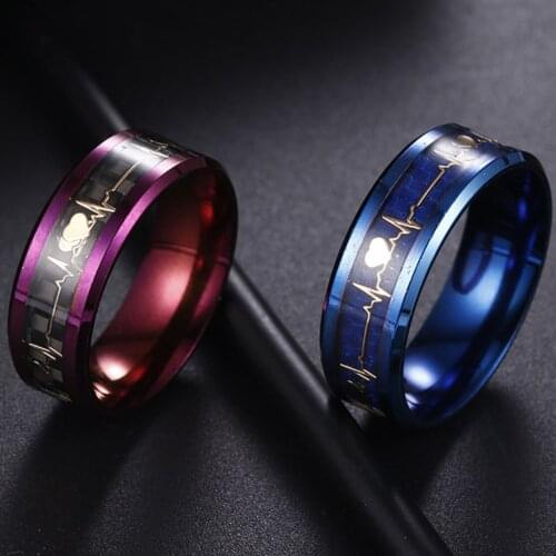 Fiber Matching 8MM Purple Blue Titanium Steel Carbon Fibers Men Ring ECG Heart Beat Wedding Bands Comfort Fit Special Gifts