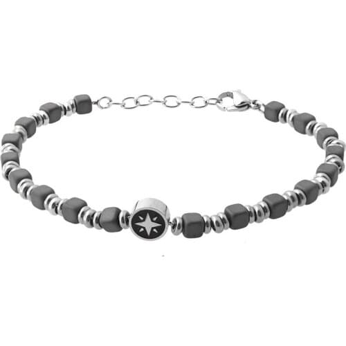 Men jewelry hematite beaded bracelet adjustable length stainless steel