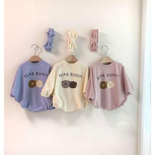 Koodykids New Autumn Baby Girls Loose Bodysuits Toddler Girls Rompers Bear Printed With Headband Long Sleeve Clothes Spring