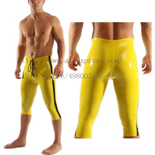 Novelty yellow color front lace-up design latex cropped pants with black stripes decorations for men