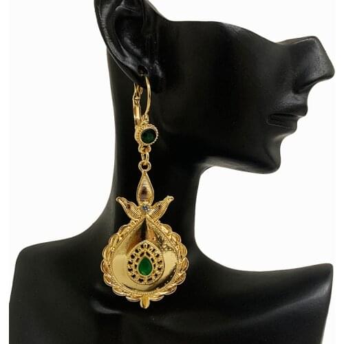 Middle East Arab Fashion Drop Hanging Gold Earrings Ethiopia Womens Jewelry Green and Red Rhinestone Womens Fashion Earrings