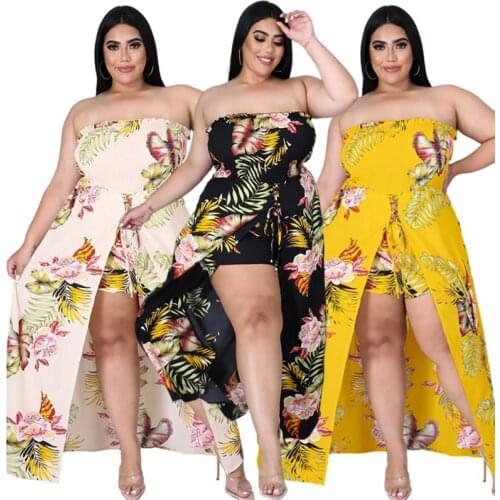 Shots Sets Plus Size Women Clothing Summer Flower Print Two Piece Suits Off Shoulder Long Top Leggings Wholesale Dropshipping