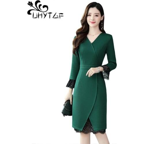 UHYTGF Fashion spring autumn dress Women Long sleeve casual women dress Lace splice Knitted pullover elegant dresses vestido 437