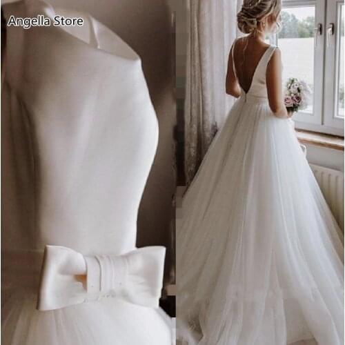 Vintage Ivory Tulle Wedding Dresses For Bride Simple Sexy Backless Sleeveless Bow Summer Bridal Gowns Custom Made