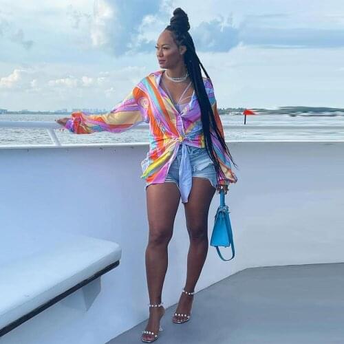 Rainbow Striped Print Womens Blouse Shirt Autumn Turn Down Collar Lantern Sleeve Tops Office Lady Single-breasted Holiday Top