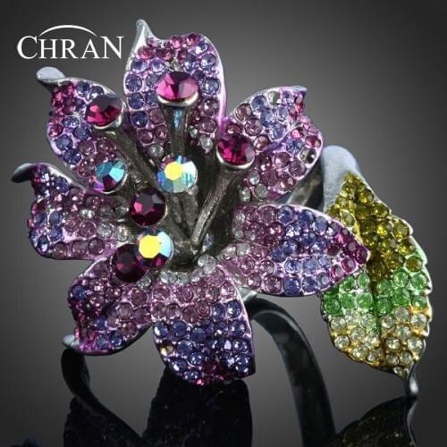 CHRAN Unique Flower Design Anniversary Rings for Women Trend Silver Plated Purple Crystal Rings Jewelry Perfect Ladies Gift