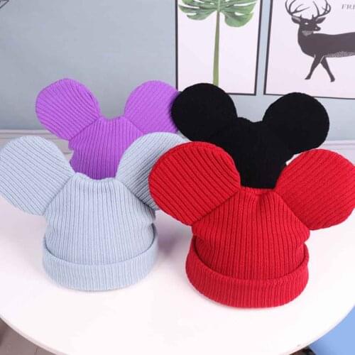 Womens Cute Solid Knitted Hats With Cartoon Mouse Ears for Teenager Beanie Cap Unisex Youngster Boy Girl Warm Winter Kitte Hat