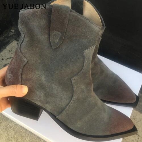 High Quality Gray Suede Leather Chunky Hee2020 Ladies Boots Street Style Women Round Toe Ankle Boots Autumn Cowboy Ankle Boots