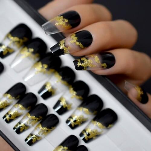 Gold Glitter Deco Ombre Black French Fake Nails Coffin Glossy Press On False Nails Full Fingernails Wear Tips Custom Logo Box