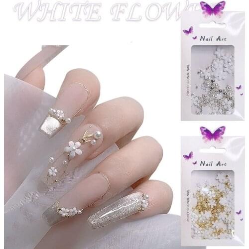 1 Pack White Flower Nail Art Accessories Mixed Steel Ball DIY Nail Decoration Five-petal Flowers Gem 3d Nails Design Ornaments