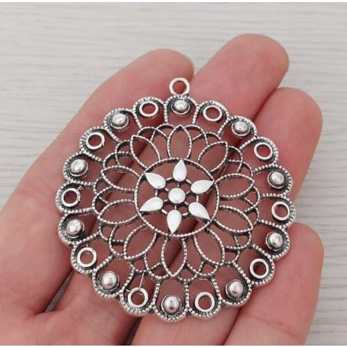 3 x Large Filigree Flower Shape Round Charms Pendants for Necklace Jewelry Making Findings 55x51mm