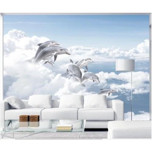 3d wallpaper custom photo Blue sky, white clouds, sea and dolphins living room decor 3d wall murals wallpaper for walls 3 d