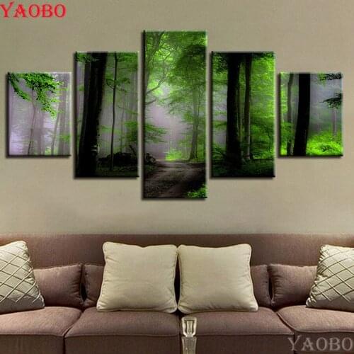 5 PCS diy round Diamond Painting Green forest Cross Stitch Kits Diamond Mosaic Full Square Diamond Embroidery Natural landscape