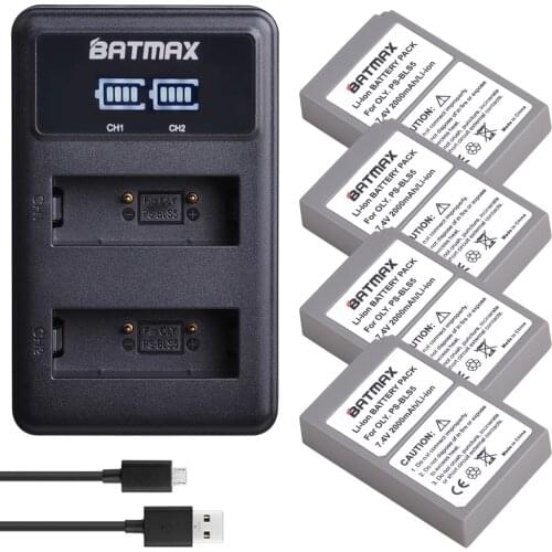 2000mAh 4Pcs BLS-5 BLS5 BLS50 Battery + LED USB Charger for Olympus PEN E-PL2,E-PL5,E-PL6,E-PL7,E-PM2,E-M10,E-M10 II,Stylus1