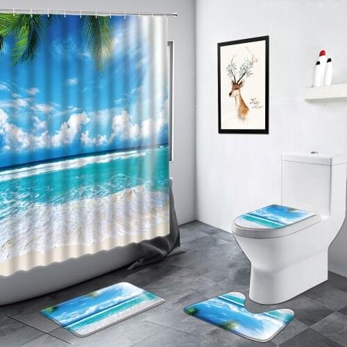 Ocean Landscape Bathroom Shower Curtains Palm Trees Beach Scenery Toilet Decor Set Anti-slip Mat Flannel Carpet Bath Mats Sets