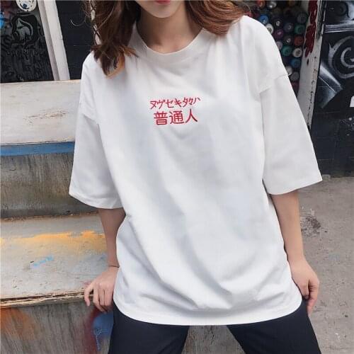 Oversize Harajuku Women T-shirt Womens Letter Embroidery Fashion Loose Tops Females O-Neck T-shirt Female Top Casual Students