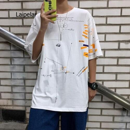 Hio Hop Loose Mens T-Shirts Casual Print 2021 Summer Short Sleeves Black White Tshirt Tees Plus Oversize