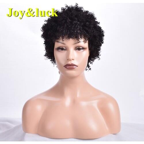 Joy&luck Short Wig Kinky Curly Synthetic Wigs With Bangs Black Color African Women Hair Wigs High Temperature Fiber