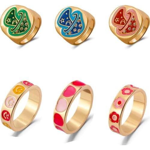 Cute Mushroom Ring for Women Girls Pink Heart Smile Face Flower Finger Rings for Egirl Igirl Korean Fashion y2k Jewelry Gift
