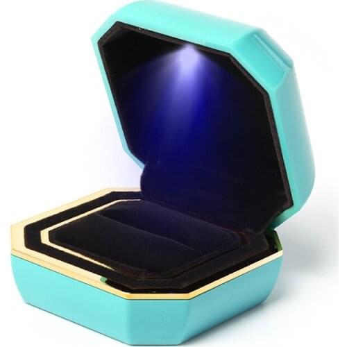 Blue Series Wedding Ring Packaging Box Pu Leather Zipper Led Light Metal Button Portable For Women Travel Gift Jewelry Display