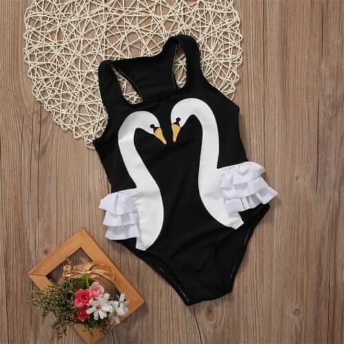2-7T Hot Summer Children Kids Swimwear Girls 3D Swan Print One Pieces Swimsuit Flower Halter Beach Pool Swimwear Bathing Suit