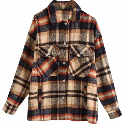 Oversized Autumn Winter Plaid Coats Pockets Women Jackets Retro Long Sleeve Lapel Collar Loose Office Lady Outerwear for 16-28