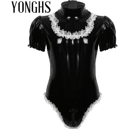 Mens Lingerie Sissy Maid Sex Cosplay Costume Set Wet Look Patent Leather High Neck Leotard Bodysuit with Elastic Lace Headband