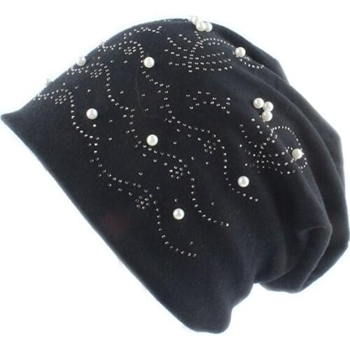 Autumn Beanie Women Solid Color Pearl Rhinestone Skullies Beanies For Ladies Fashion Slouch Hat Soft Cotton Bonnet Turban Caps