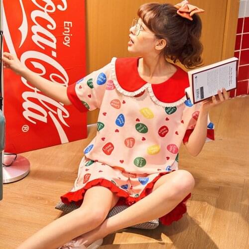 Short Sleeve Cotton Pajamas Women Nightshirt Shorts Sets Summer Cute Cartoon Sleepwear Suit Ladies Nightwear Night Gown Homewear