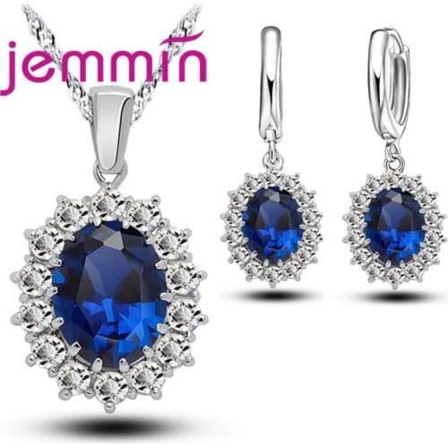 Luxury Female Wedding Bridal Fashion Jewelry Set Hanging Big Blue Drop CZ stones For Lady Engagement Jewelry Beauty