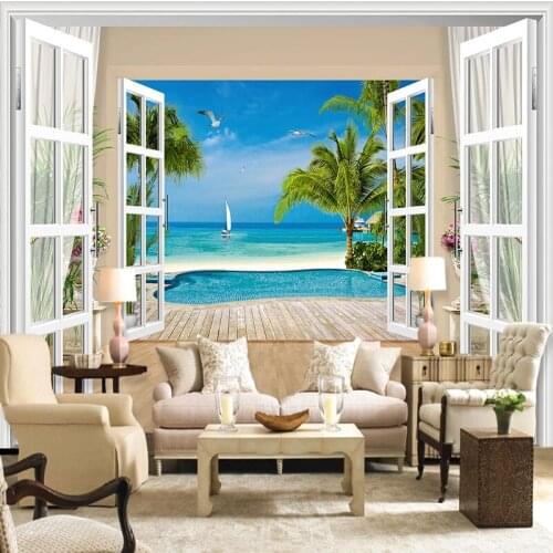 Custom Self-Adhesive Wallpaper Modern 3D Stereo Window Sea View Photo Wall Murals Living Room Bedroom Waterproof Canvas Stickers