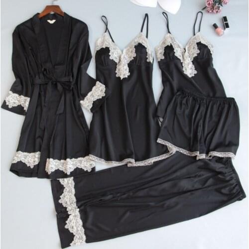 Sexy Nightwear Gown Set Women 5PC Pyjama V-Neck Pajamas Silky Print Sleepwear Spring Sleep Robe Wear Home Suit Negligee Homewear