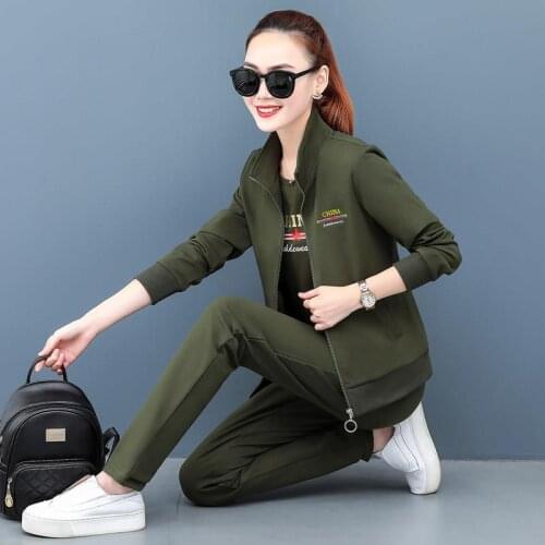 Casual Womens Tracksuit Sportswear Army Green Suit For Female Clothing Workout Three Piece Jumpsuit Long Sleeve Tops and pants