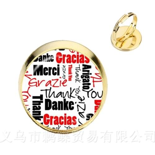 Merci Maitresse Glass Rings Classic 16mm Glass Metal Ring For Women Girls Jewelry Teachers Gift Thanksgiving Gift