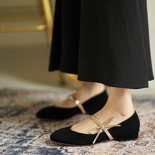 Single Shoes Womens Bowknot Flat Womens Shoes 2021 New Round Toe Peas Shoes Thick Heel Elegant Low-heeled Ladies Single Shoes