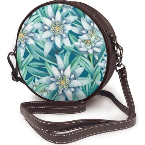 Womens Fashion Small round Bag Watercolor Edelweiss Flowers And Leaves Shoulder Bag Messenger Crossbody Bag Phone Coin Purse