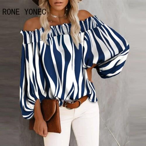 Women Shirt Off Shoulder Stripe Print Long Sleeve Smoking Blouse Casual Blouse Top