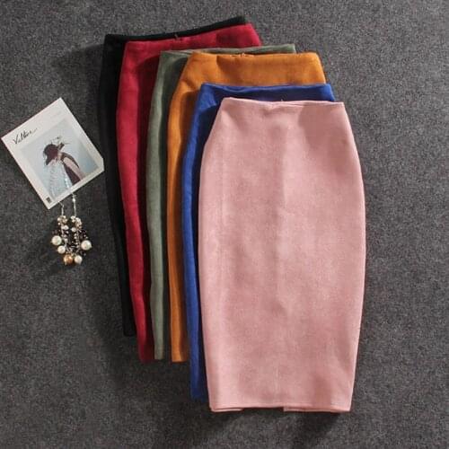 2020 Women Skirts Suede Split Thick Stretchy Skirt Female Pencil Skirts Plus Size Jupe Femme Faldas Mujer