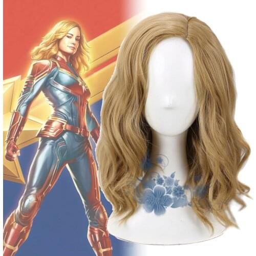 Ms Captain Marvel Cosplay Wig Medium Long Golden Brown Wavy Curly Hair Women