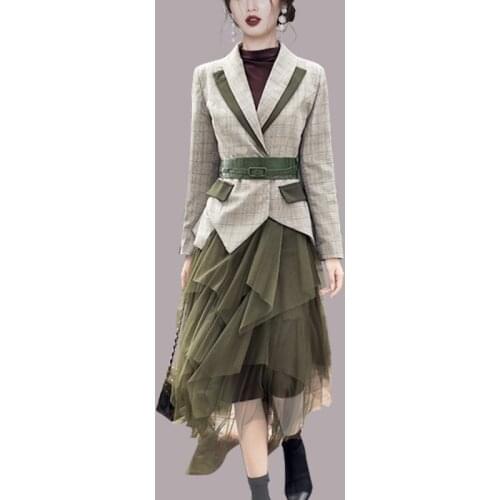 2021 Autumn Women Grey Plaid Notched Blazer Check Office Sashes Jacket +Elastic Waist Army Green Mesh Skirt Set 2 Piece Outfits