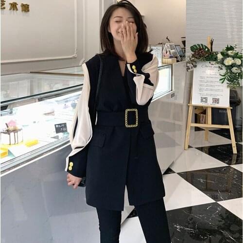 Women Spring Black Suit Jacket Women Fashion Long Sleeve Jacket with Belt Chiffion Sleeve Temperamental Jackets Coat