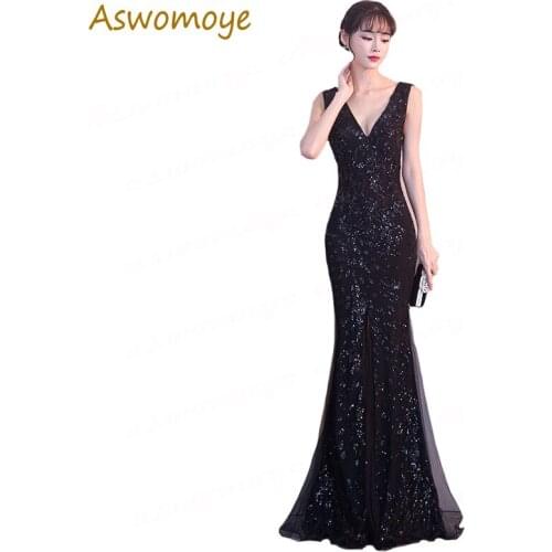 Gorgeous Black Mermaid Sequins Evening Dresses 2018 New Sexy V-Neck Prom Party Dress Princess Gowns Runway vestido de festa