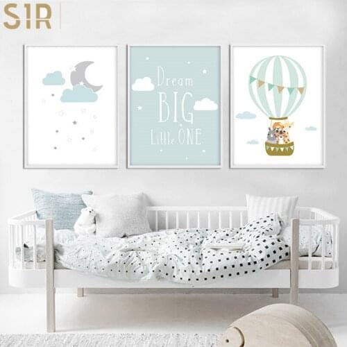 Animal Balloon Moon Nursery Poster Wall Art Canvas Print Dream Big Quotes Painting Nordic Kid Baby Bedroom Decoration Picture