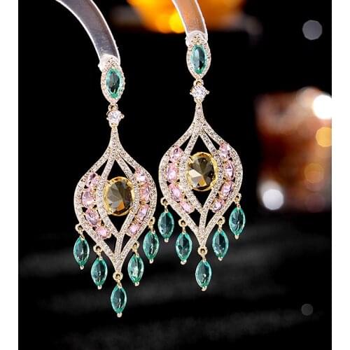 Bilincolor Fashion Cubic Zirconia Green Tassel Wedding Drop Earring for Women